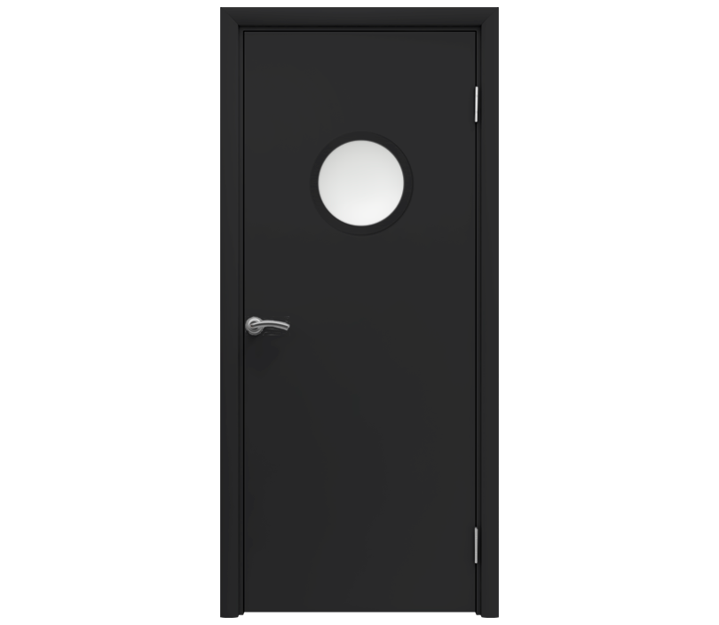 Влагостойкая дверь ПВХ EtaDoor с иллюминатором черная одностворчатая с алюминиевой кромкой