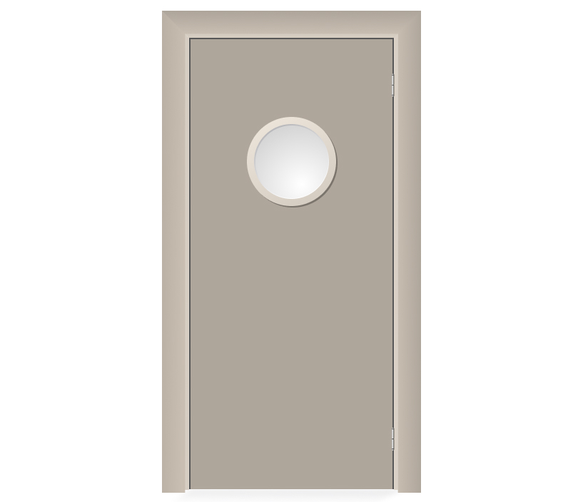 Влагостойкая дверь ПВХ EtaDoor с иллюминатором бежевая маятниковая одностворчатая с алюминиевой кромкой